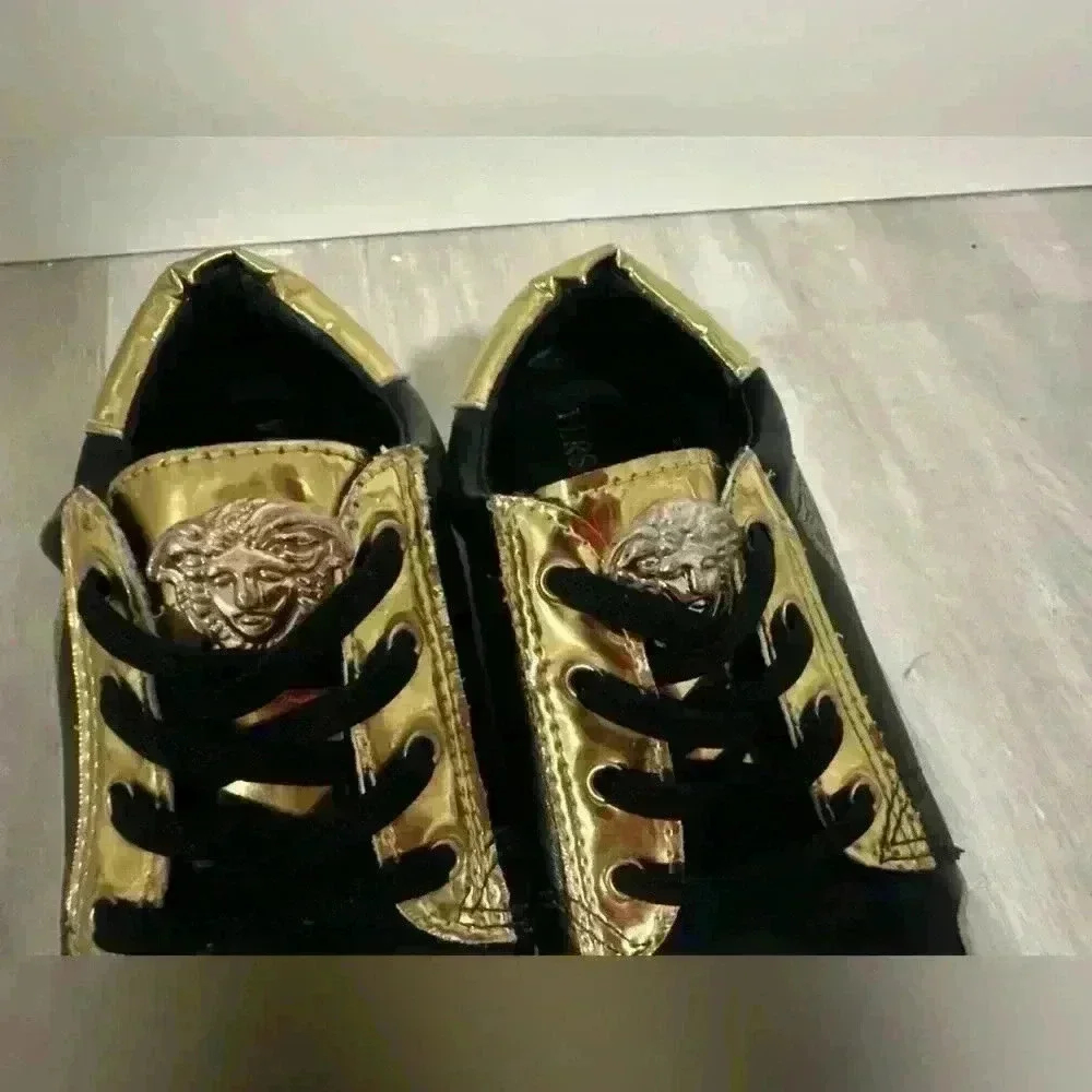 5. Versace sneakers boys shoes Leather Embossing Design Black Gold Metal Low Cut